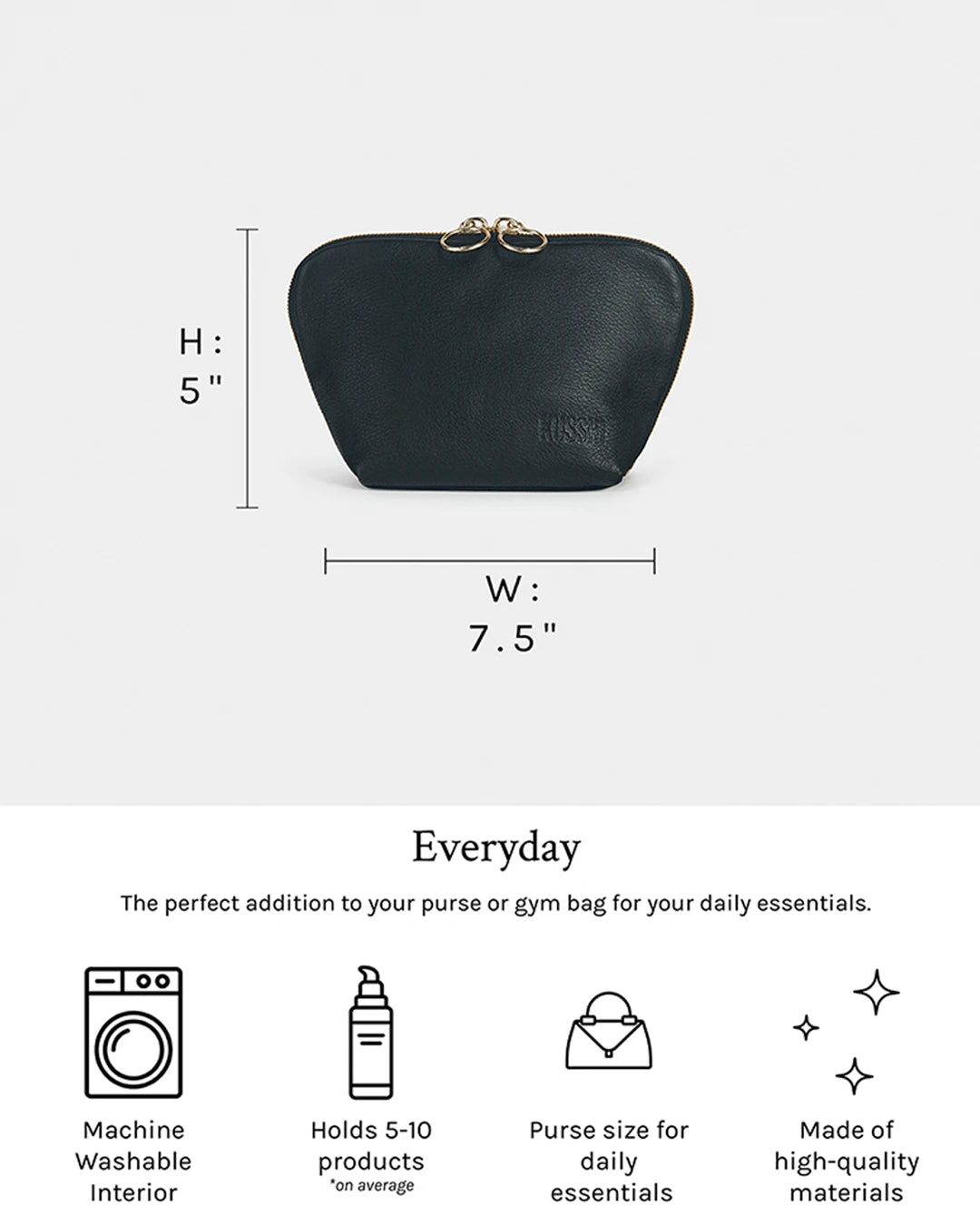 Black pouch with measurements and product details on a white background