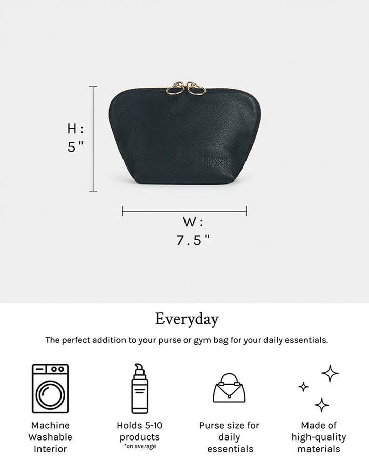 Black pouch with measurements and product details on a white background