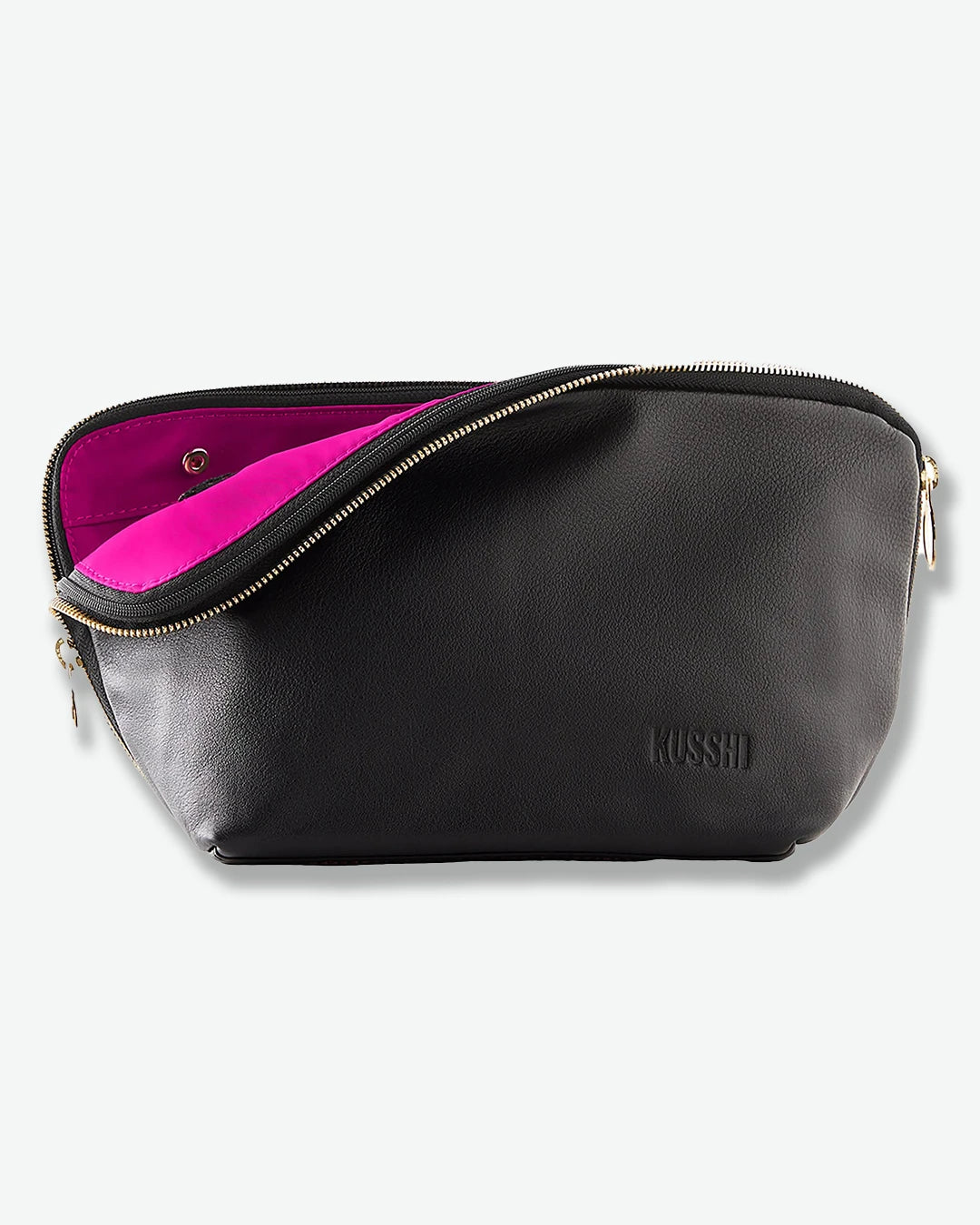 Black pouch with pink interior on a white background