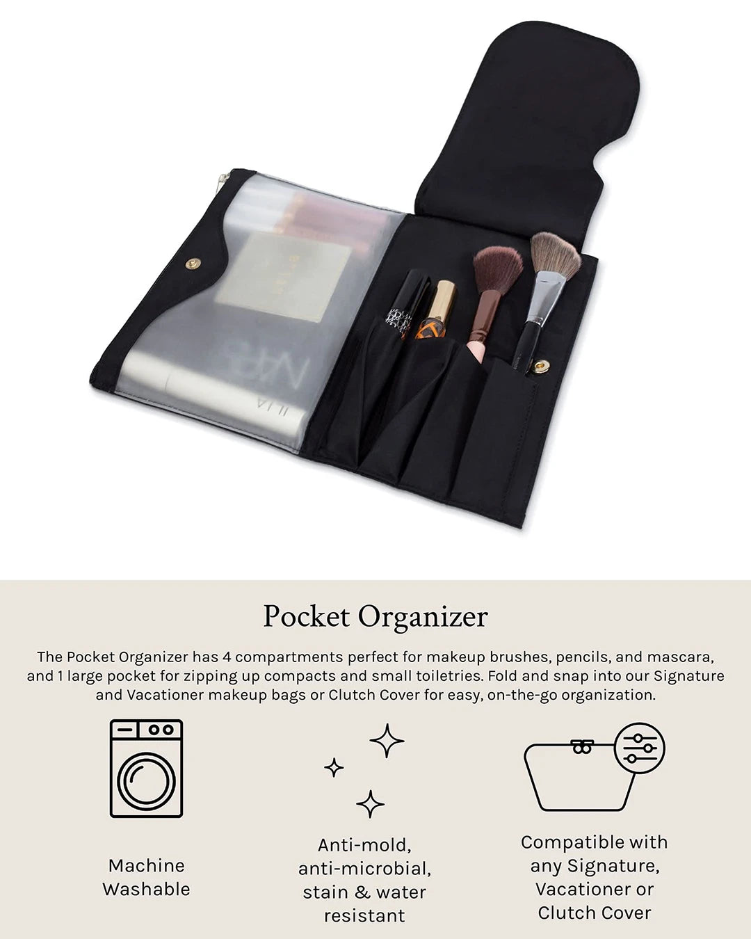 Black pocket organizer with makeup brushes and compact on a white background