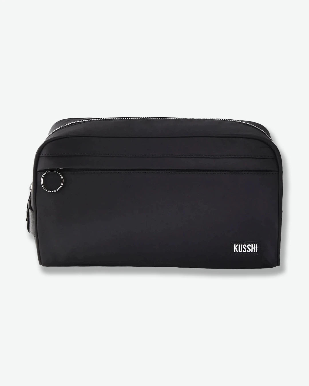 Black toiletry bag with 'KUSSHI' branding on a white background
