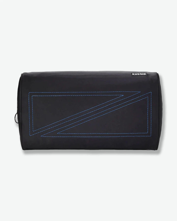 Black pouch with blue stitching on a white background