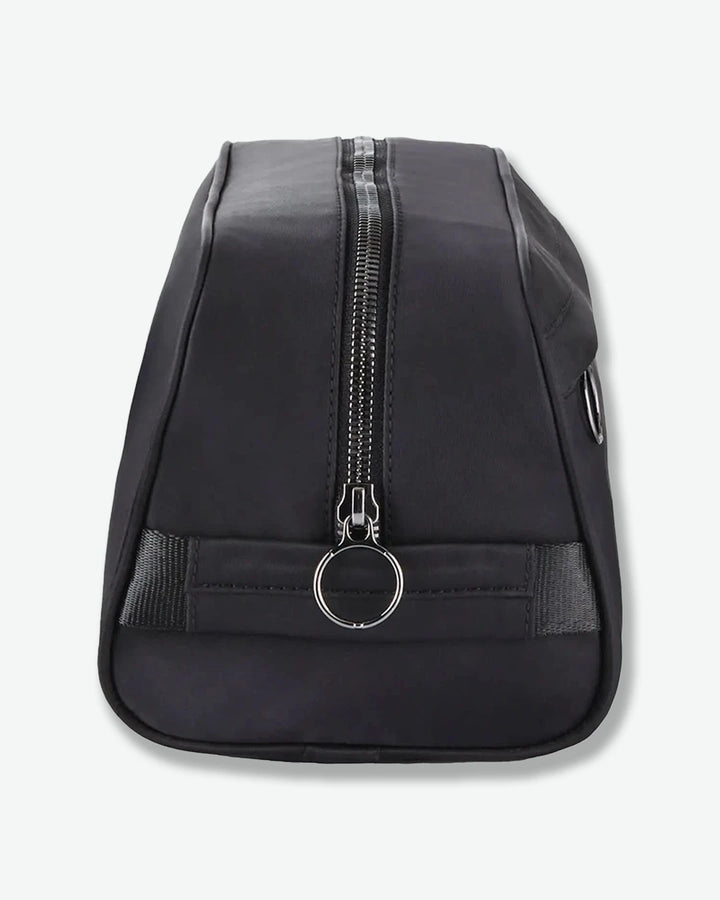 Black pouch with a zipper on a white background