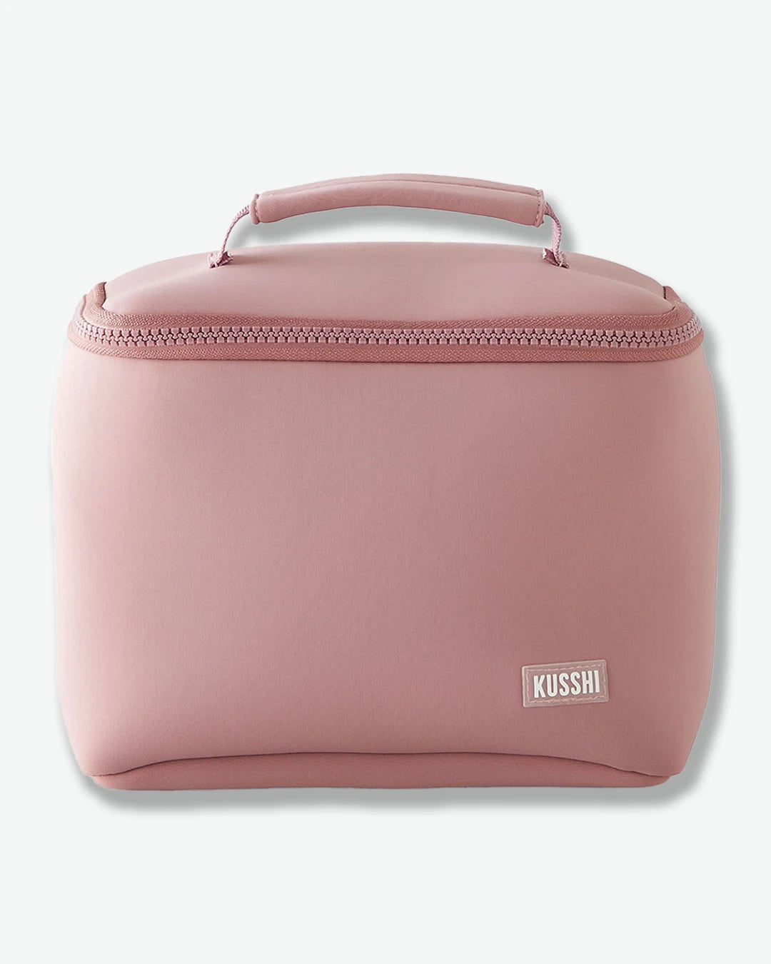 Pink cosmetic bag with 'Kusshi' logo on a white background