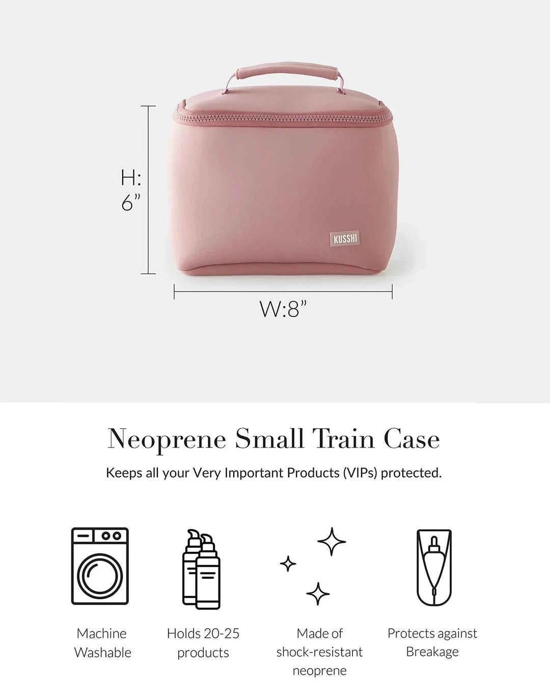 Pink neoprene small train case with dimensions and features on a white background