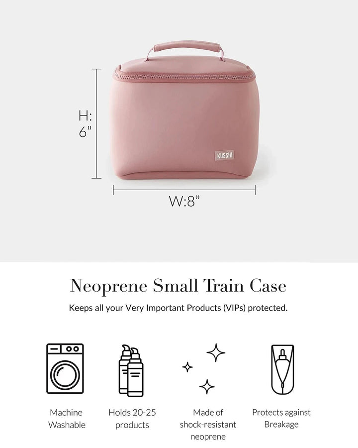 Pink neoprene small train case with dimensions and features on a white background