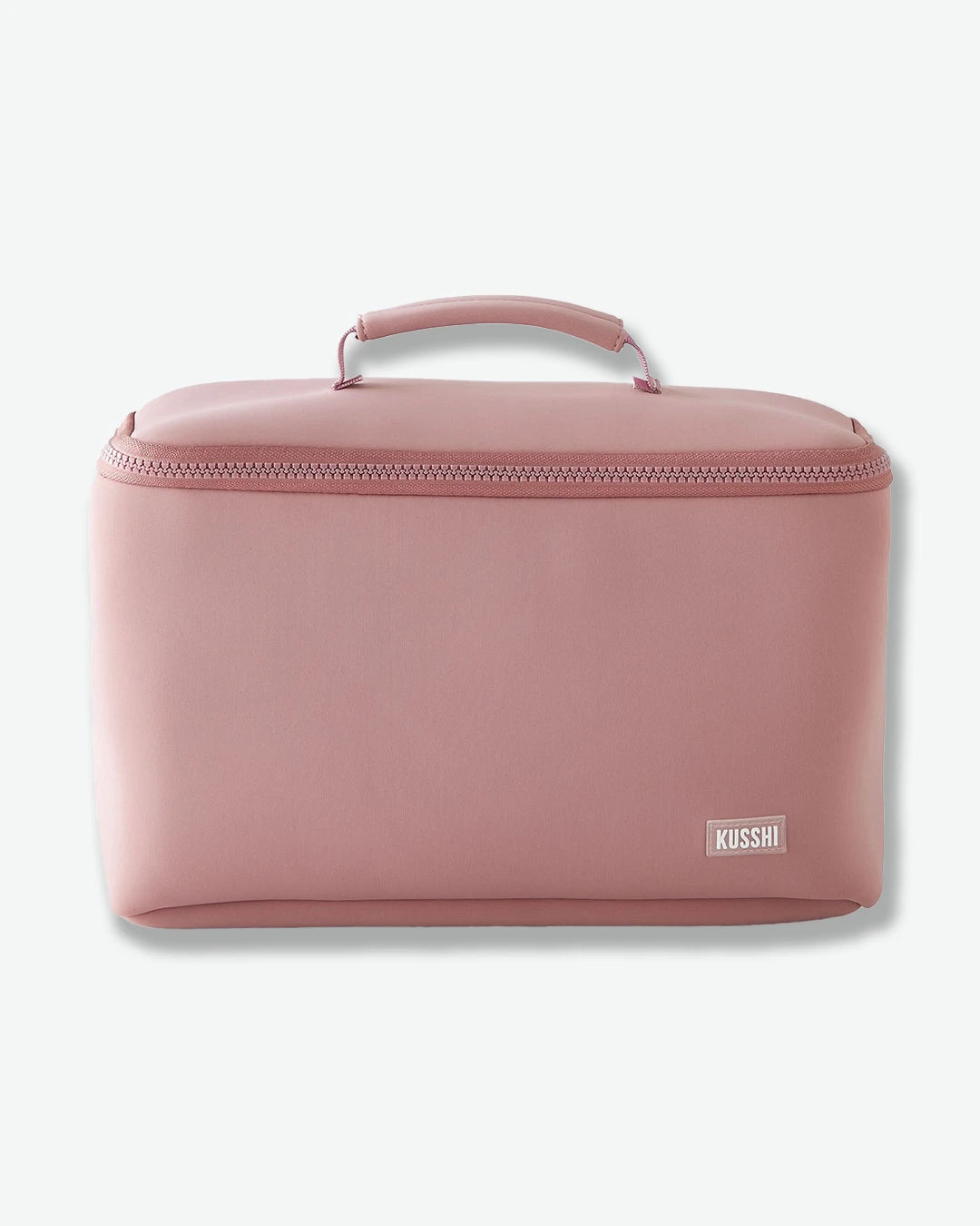 Pink cosmetic bag with 'Kusshi' brand logo on a white background