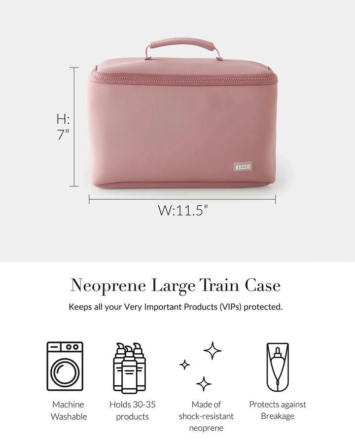 Pink neoprene large train case with dimensions and features listed on a white background