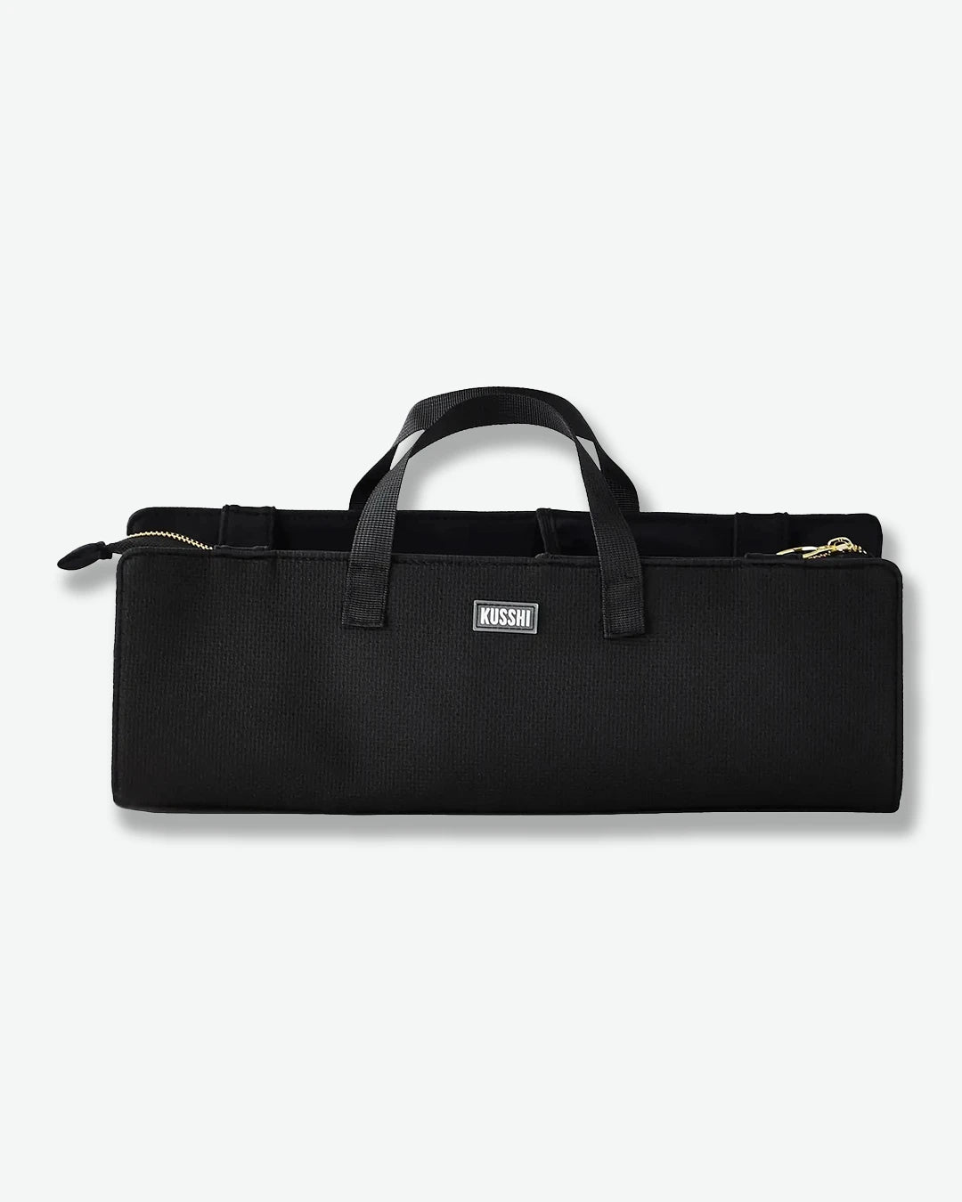 Black carrying case with a handle on a white background