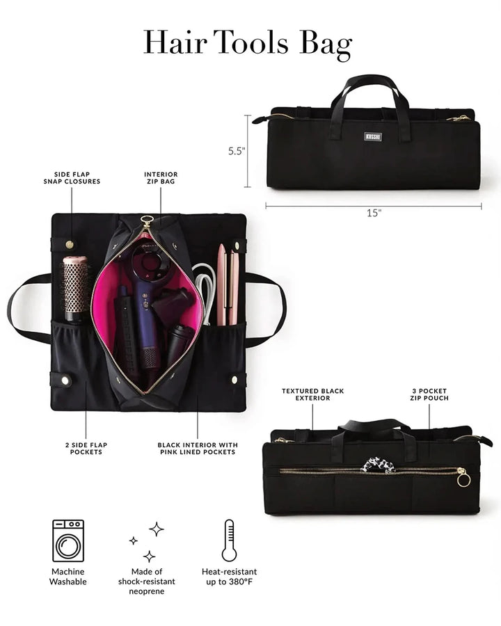 Black hair tools bag with features and measurements on a white background