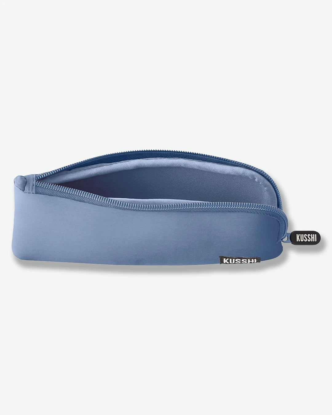 Blue makeup pouch with a visible brand logo on a white background