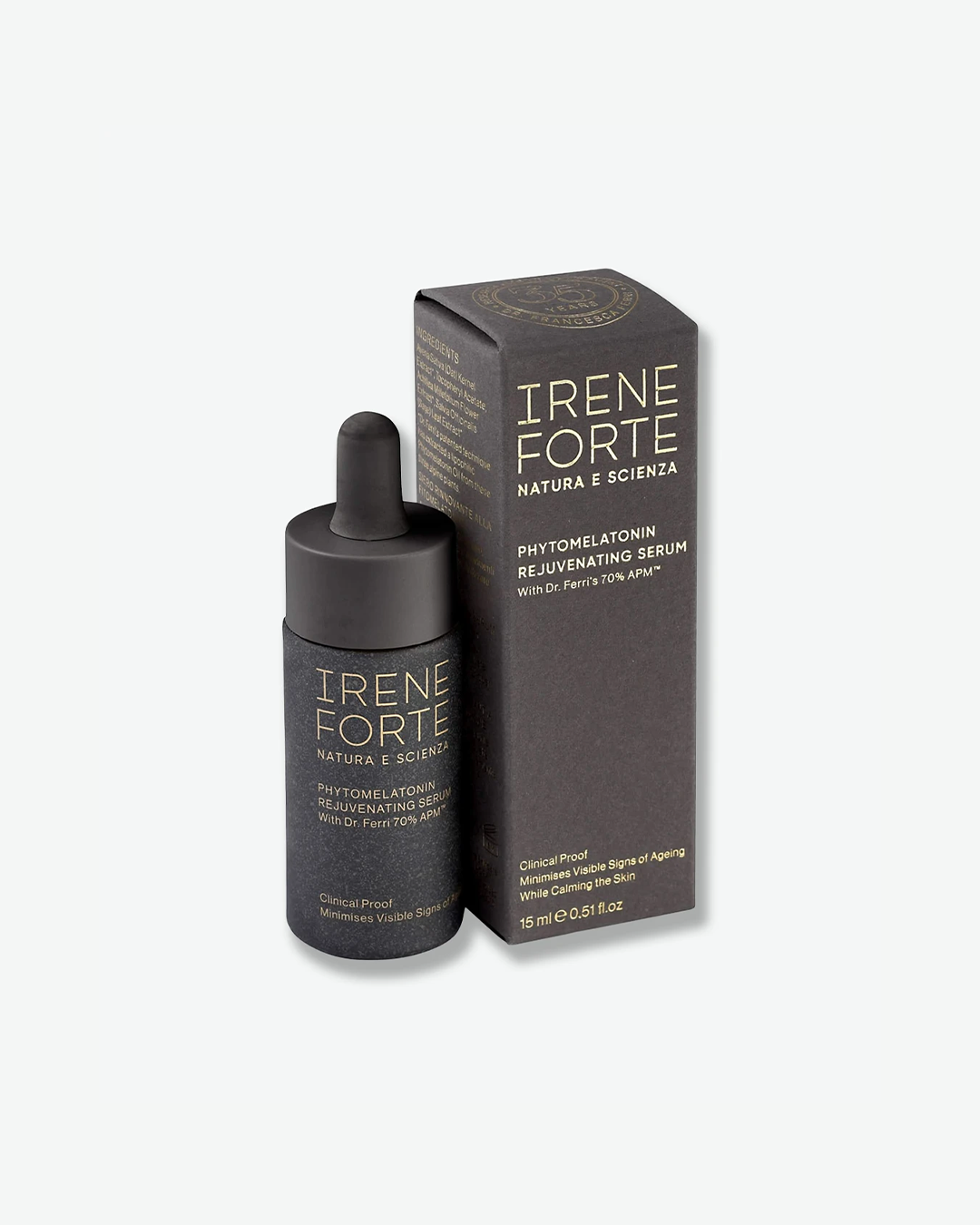 A product shot of a closed Irene Forte Phytomelatonin Rejuvenating Serum bottle, centered against a plain light gray background. The cylindrical container has a matte dark gray speckled finish with the brand name "IRENE FORTE" and product details printed in fine gold lettering on the front. It is topped with a matte black dropper assembly and a black rubber bulb.