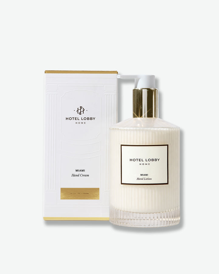 Hand cream bottle and packaging with 'Hotel Lobby Home' branding on a white background