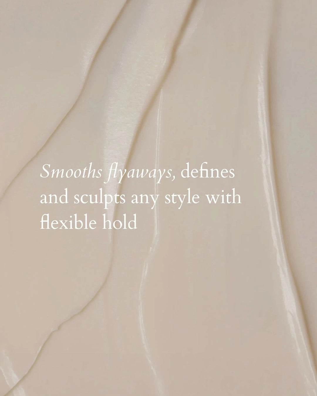 Text on a beige background describing hair product features