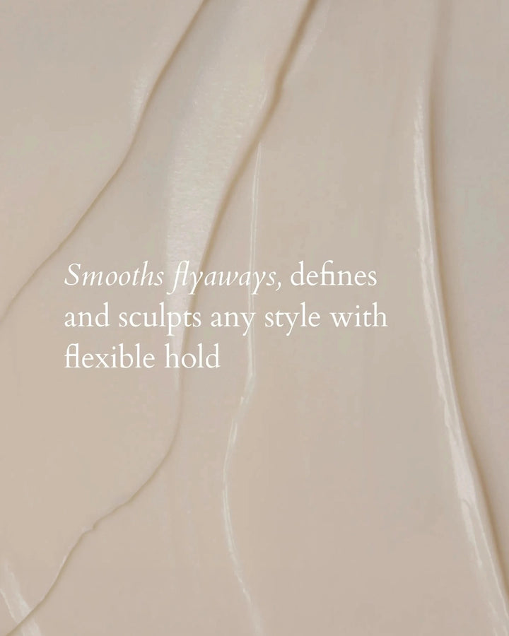 Text on a beige background describing hair product features