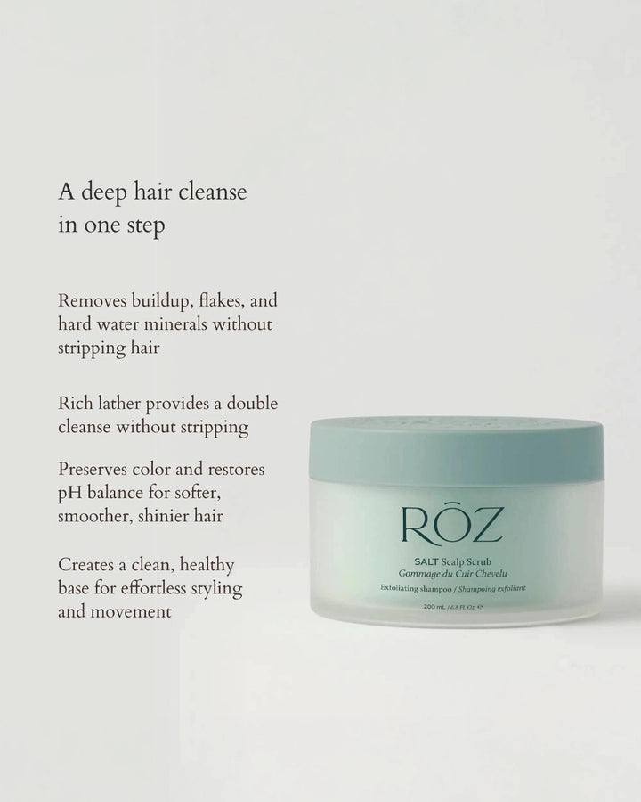 Ròz salt body scrub jar with text on a light gray background