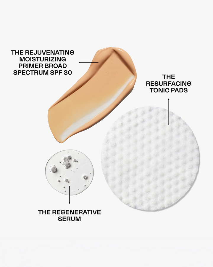 A product texture layout showing a smear of beige moisturizing primer, a textured white circular cotton pad, and a clear drop of serum with text labels identifying each.