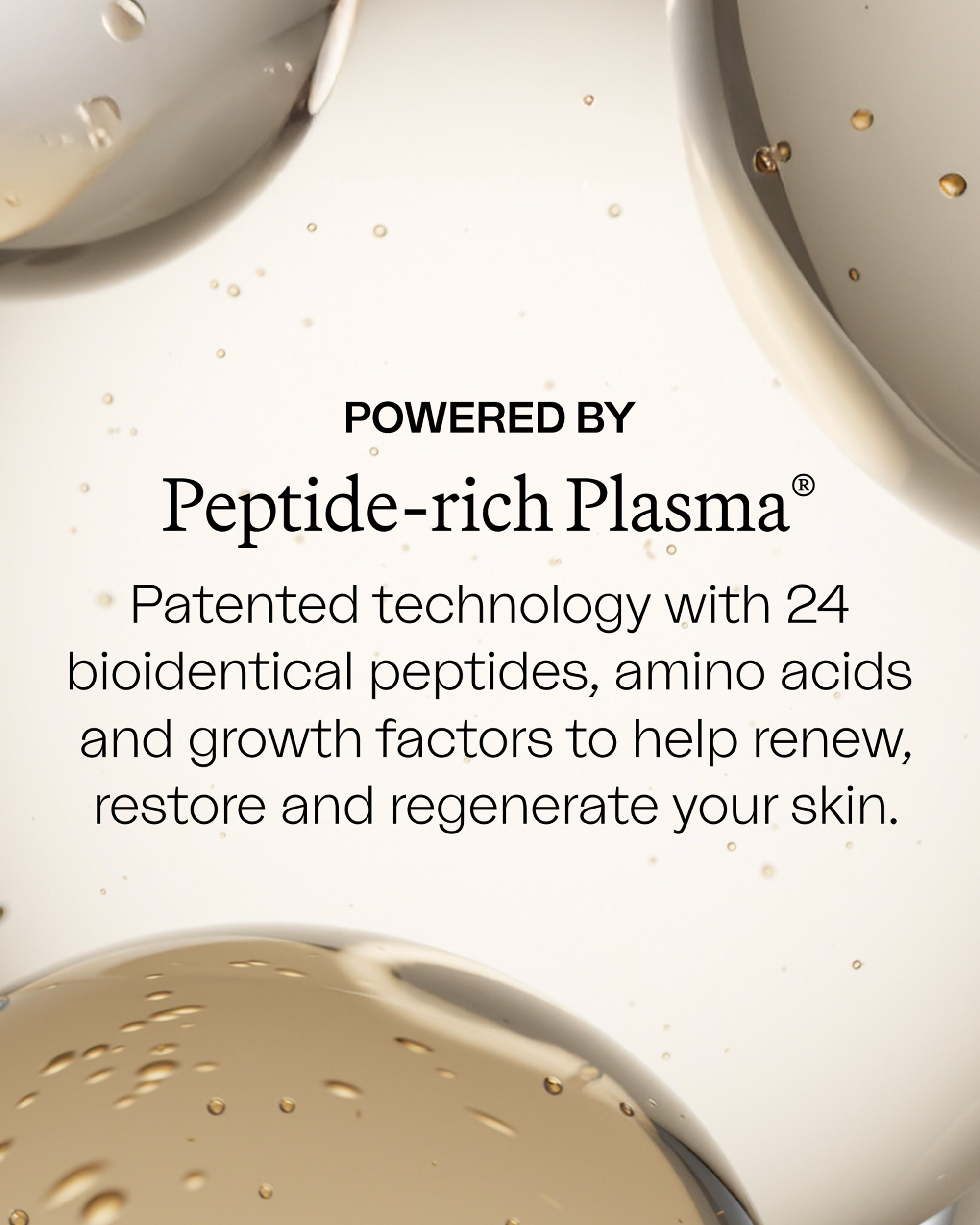 An informational graphic explaining "Peptide-rich Plasma" patented technology against a background of glossy, golden-toned microscopic spheres.