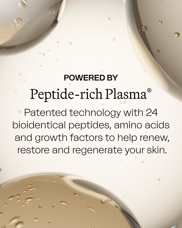 An informational graphic explaining "Peptide-rich Plasma" patented technology against a background of glossy, golden-toned microscopic spheres.