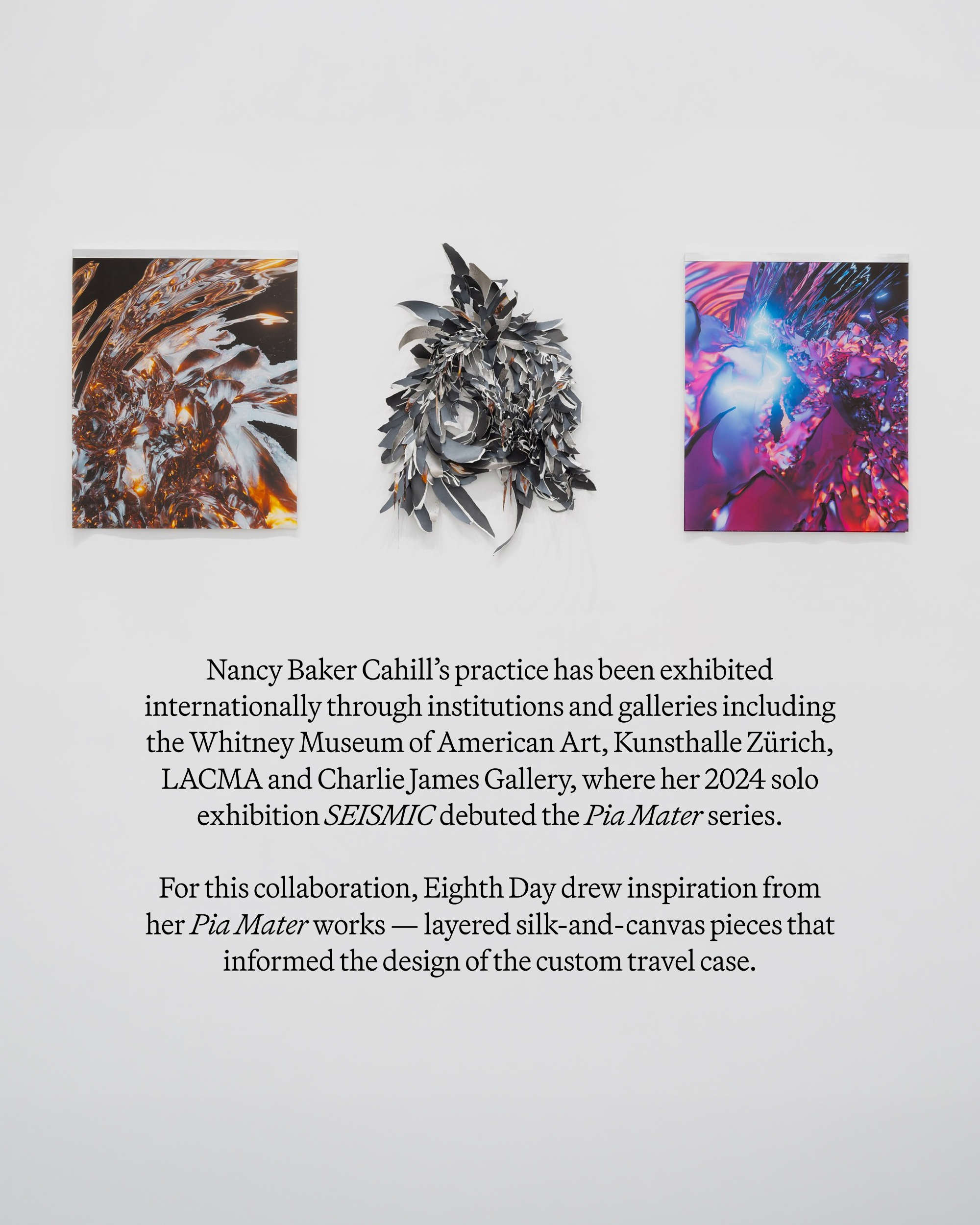 A block of text detailing artist Nancy Baker Cahill’s exhibition history and how her Pia Mater artwork series inspired the design of the custom travel case, beneath three abstract art prints.