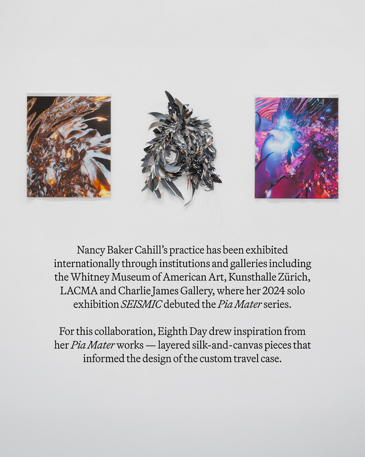 A block of text detailing artist Nancy Baker Cahill’s exhibition history and how her Pia Mater artwork series inspired the design of the custom travel case, beneath three abstract art prints.