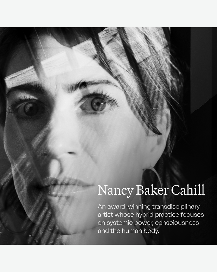 A black-and-white close-up portrait of artist Nancy Baker Cahill with graphic shadows cast across her face, accompanied by text describing her transdisciplinary art practice.