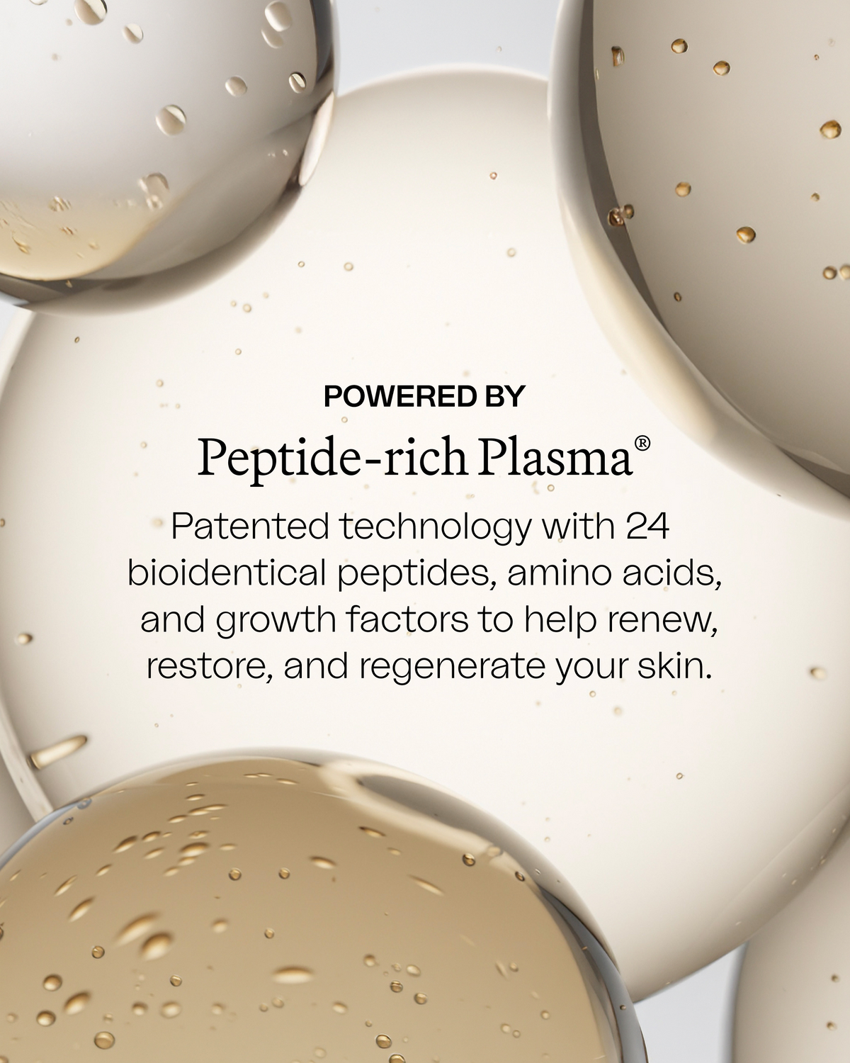 Close-up product texture image showing creamy white skincare surrounded by glossy pearl-like spheres and droplets, with text describing Eight Day’s peptide-rich plasma technology.