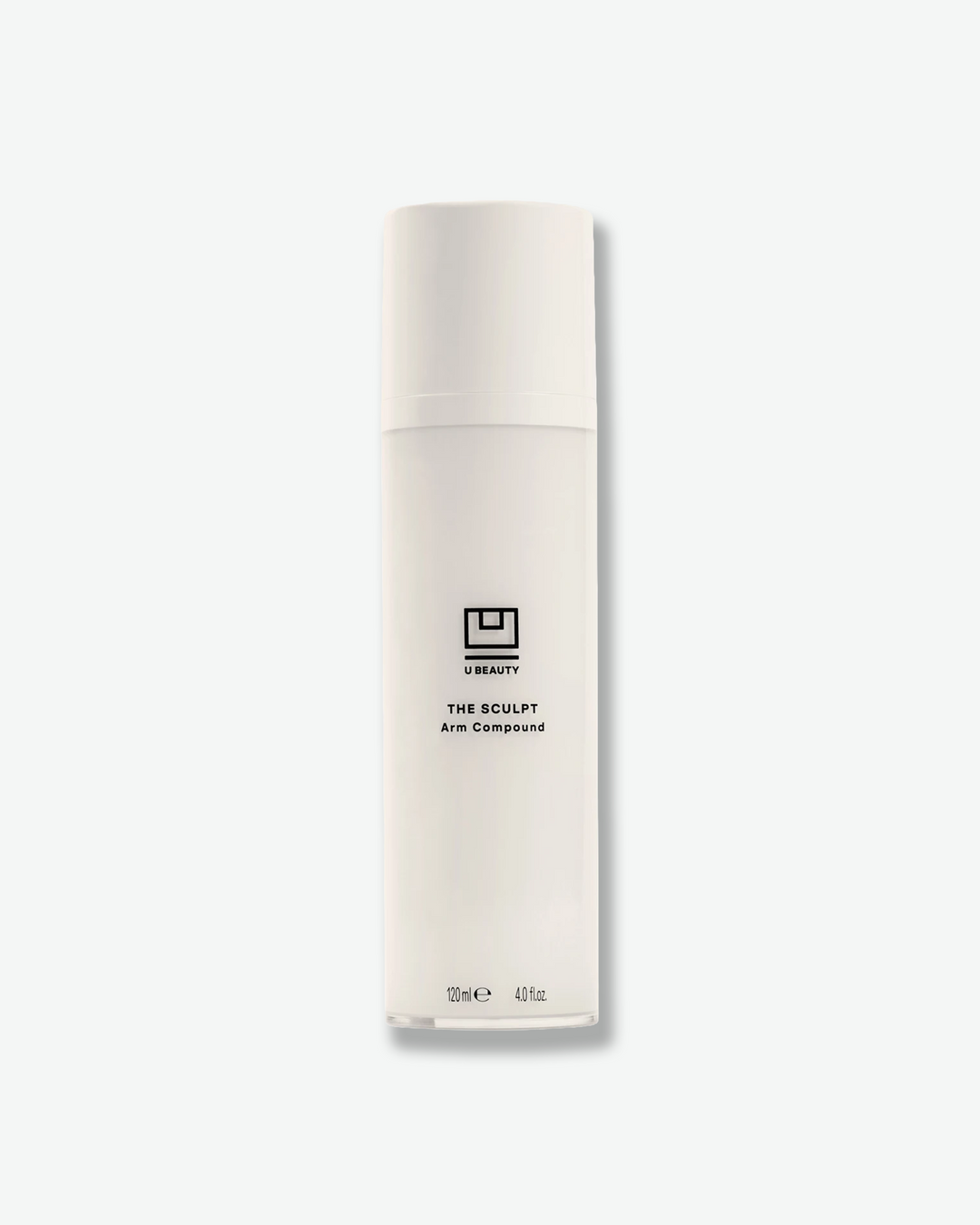 Front view of a U Beauty "The Sculpt Arm Compound" bottle against a plain gray background. The product is contained in a tall, cylindrical matte white opaque pump bottle with simple black branding and text aligned down the center.