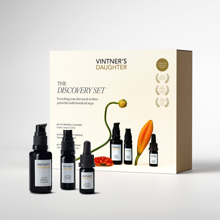 Vintner's Daughter skincare discovery set with bottles and packaging on a white background