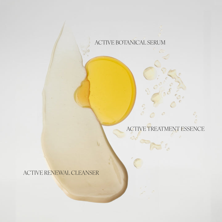 Three different skincare products labeled 'Active Botanical Serum', 'Active Treatment Essence', and 'Active Renewal Cleanser' on a light gray background.