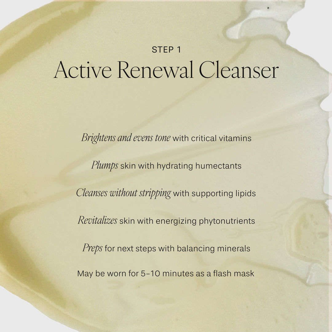Product packaging with text describing Active Renewal Cleanser features on a beige background