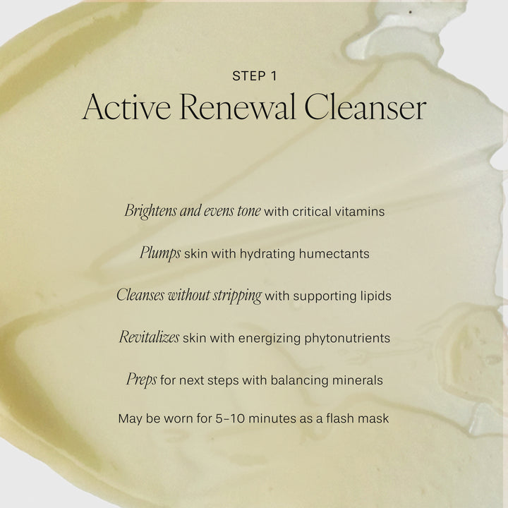 Product packaging with text describing Active Renewal Cleanser features on a beige background
