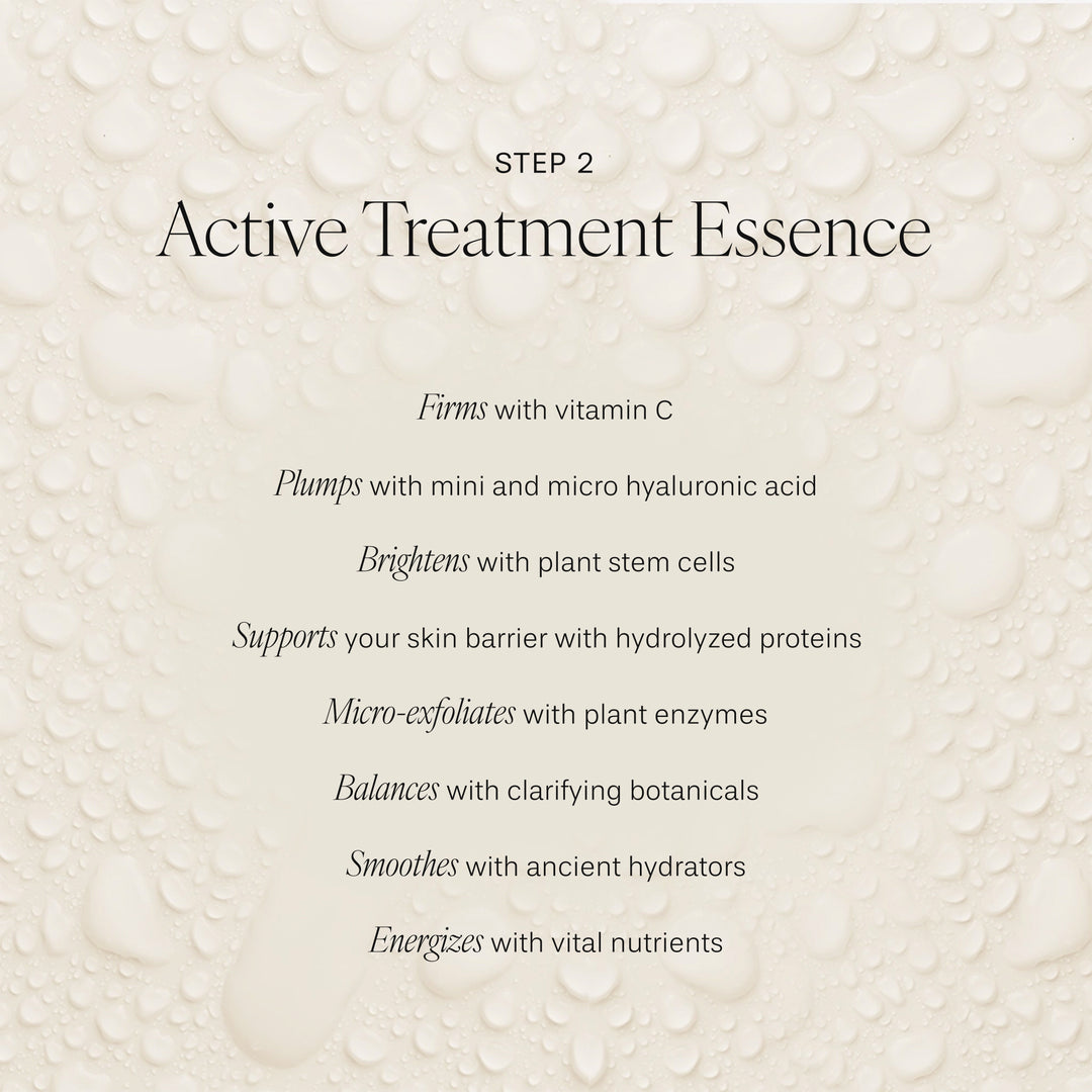Text detailing the benefits of Active Treatment Essence on a textured beige background