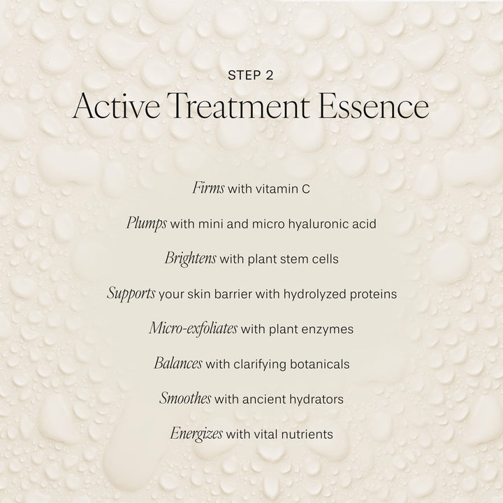 Text detailing the benefits of Active Treatment Essence on a textured beige background