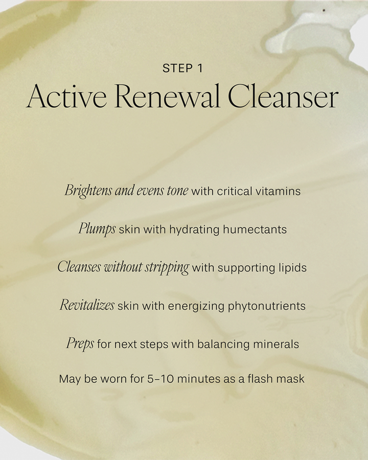 An informational graphic for 'Step 1: Active Renewal Cleanser' overlaid on a textured, translucent light-green gel background. The text details product benefits in stylized italics, including brightening and evening tone with vitamins, plumping with humectants, cleansing with lipids, revitalizing with phytonutrients, and prepping skin with minerals. It notes it can be worn for 5 to 10 minutes as a flash mask.