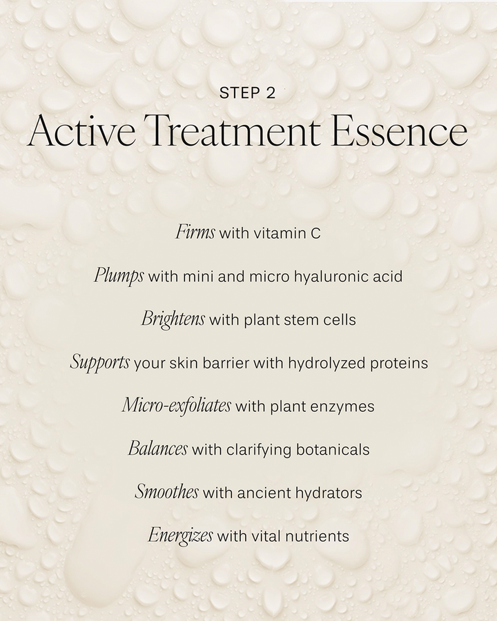 An informational graphic for 'Step 2: Active Treatment Essence' set against a background texture resembling clear water droplets on a white surface. The bulleted text highlights key benefits: firms with vitamin C, plumps with mini and micro hyaluronic acid, brightens with plant stem cells, supports skin barrier with hydrolyzed proteins, micro-exfoliates with plant enzymes, balances with clarifying botanicals, smoothes with ancient hydrators, and energizes with vital nutrients.