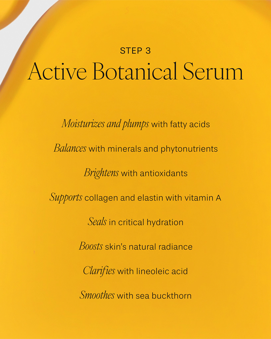 An informational graphic for 'Step 3: Active Botanical Serum' featuring a vibrant, golden-yellow oil backdrop with smooth fluid ripples. The dark text highlights skin benefits: moisturizes and plumps with fatty acids, balances with minerals and phytonutrients, brightens with antioxidants, supports collagen and elastin with vitamin A, seals in critical hydration, boosts natural radiance, clarifies with linoleic acid, and smoothes with sea buckthorn.