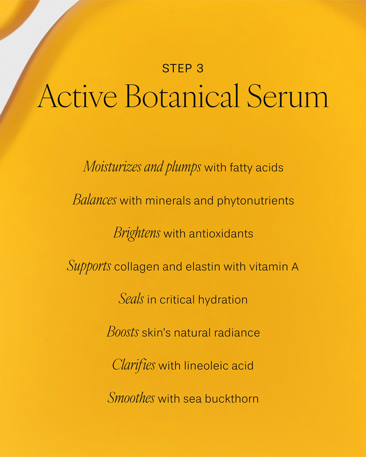 An informational graphic for 'Step 3: Active Botanical Serum' featuring a vibrant, golden-yellow oil backdrop with smooth fluid ripples. The dark text highlights skin benefits: moisturizes and plumps with fatty acids, balances with minerals and phytonutrients, brightens with antioxidants, supports collagen and elastin with vitamin A, seals in critical hydration, boosts natural radiance, clarifies with linoleic acid, and smoothes with sea buckthorn.