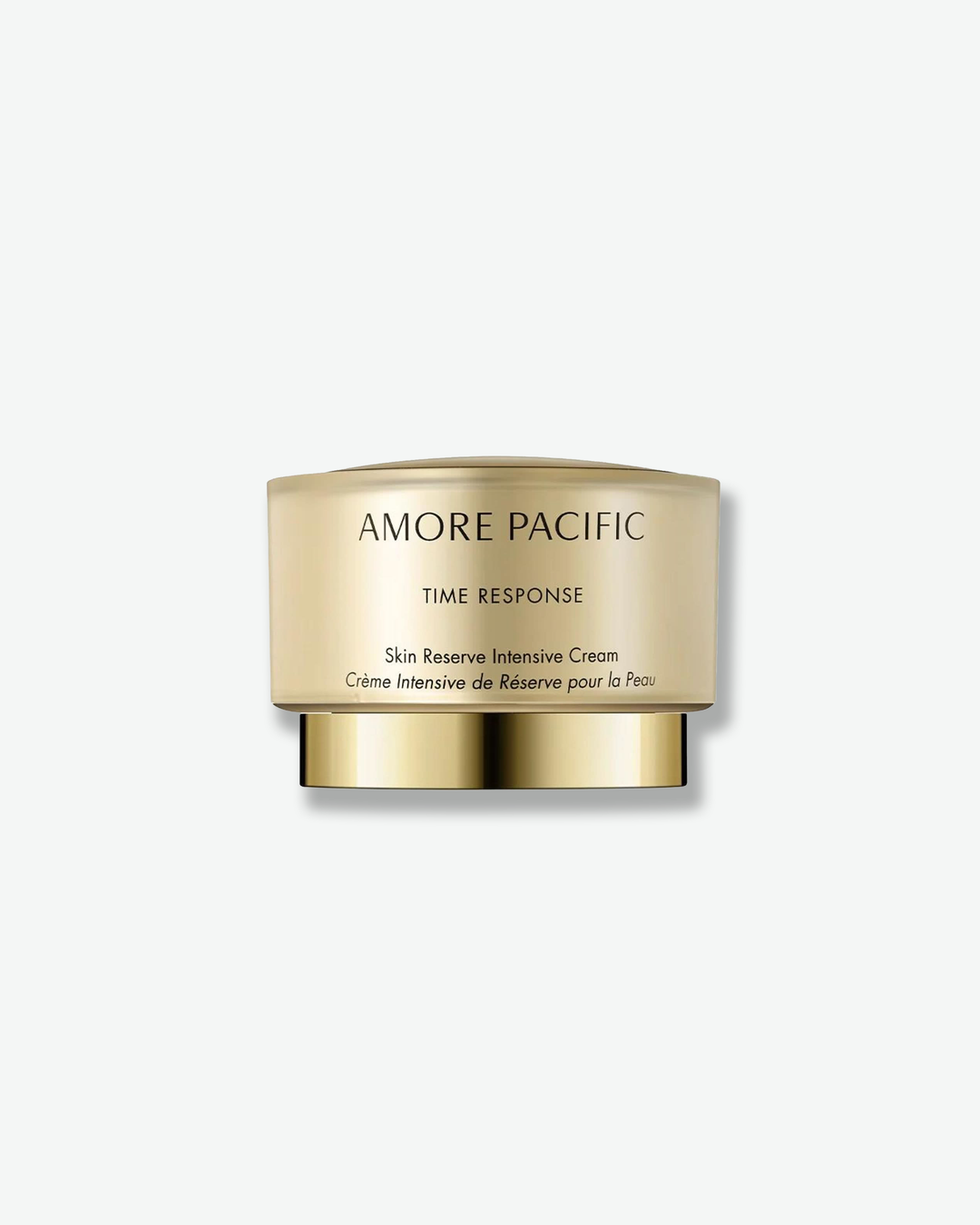 Front view of an Amorepacific Time Response Skin Reserve Intensive Cream jar against a plain gray background. The sleek container features a floating, satin champagne-gold glass cylindrical body with dark grey lettering, mounted atop a reflective gold metallic pedestal base.
