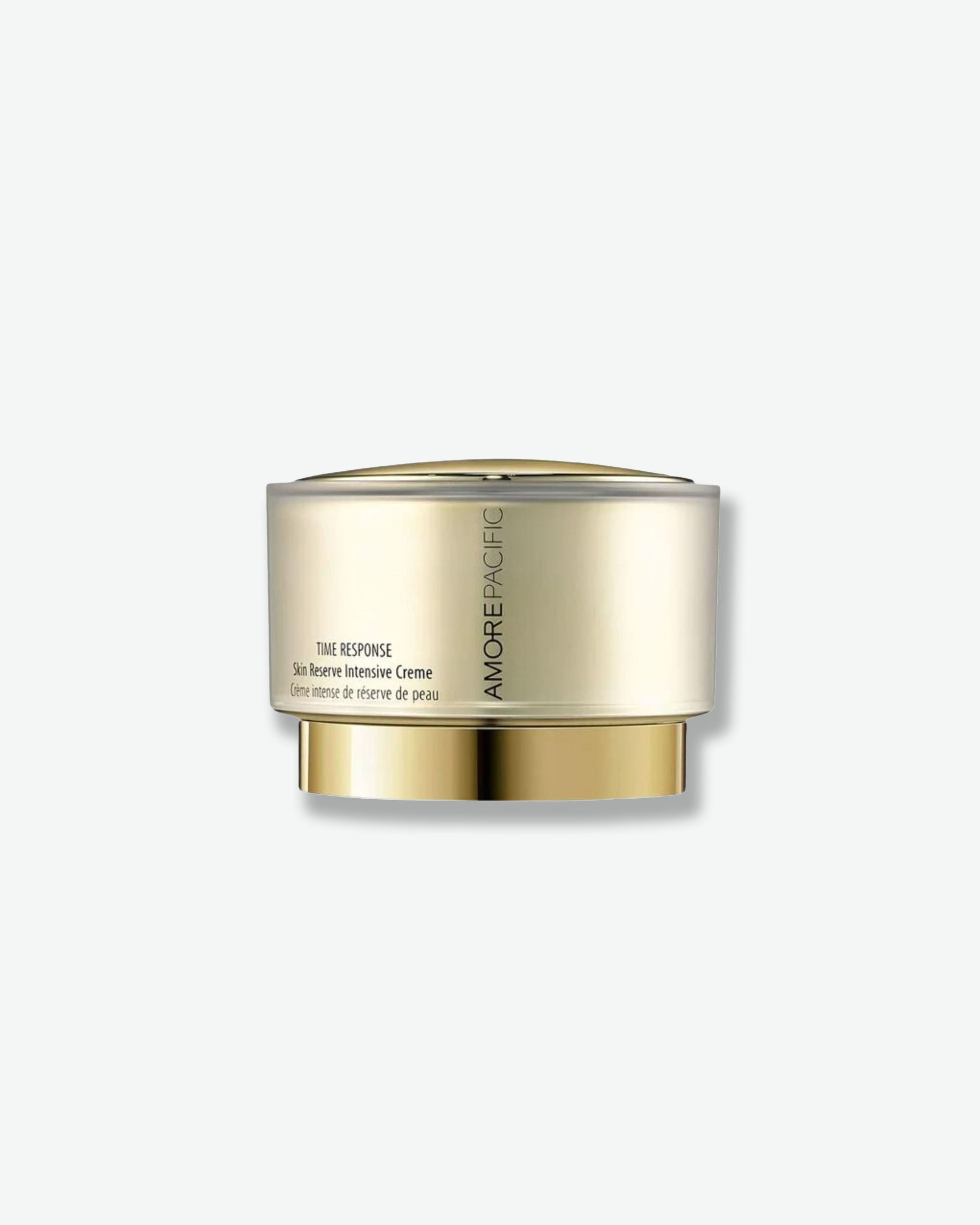Front view of an Amorepacific Time Response Skin Reserve Intensive Creme jar against a plain gray background. The futuristic container features a double-walled, floating gold cylindrical body printed with the product details, elevated on a smaller metallic gold pedestal base.