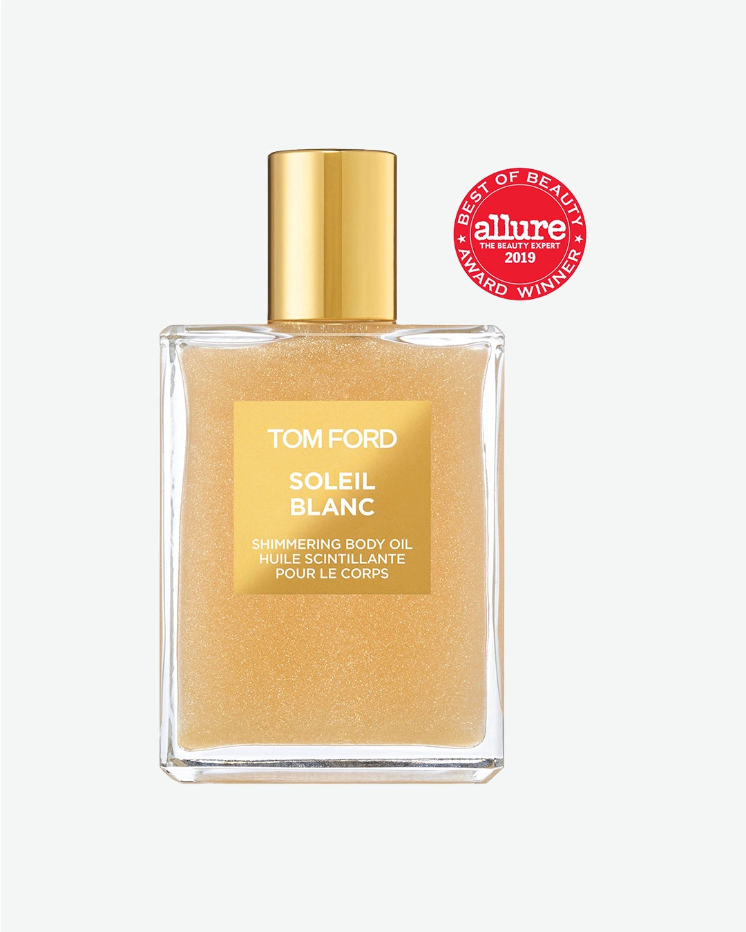 Tom Ford Soleil Blanc body oil with gold cap on a white background, featuring Allure Best of Beauty 2019 award.