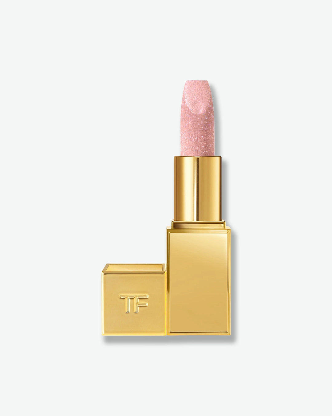 Tom Ford lipstick with gold casing and pink cap on a white background