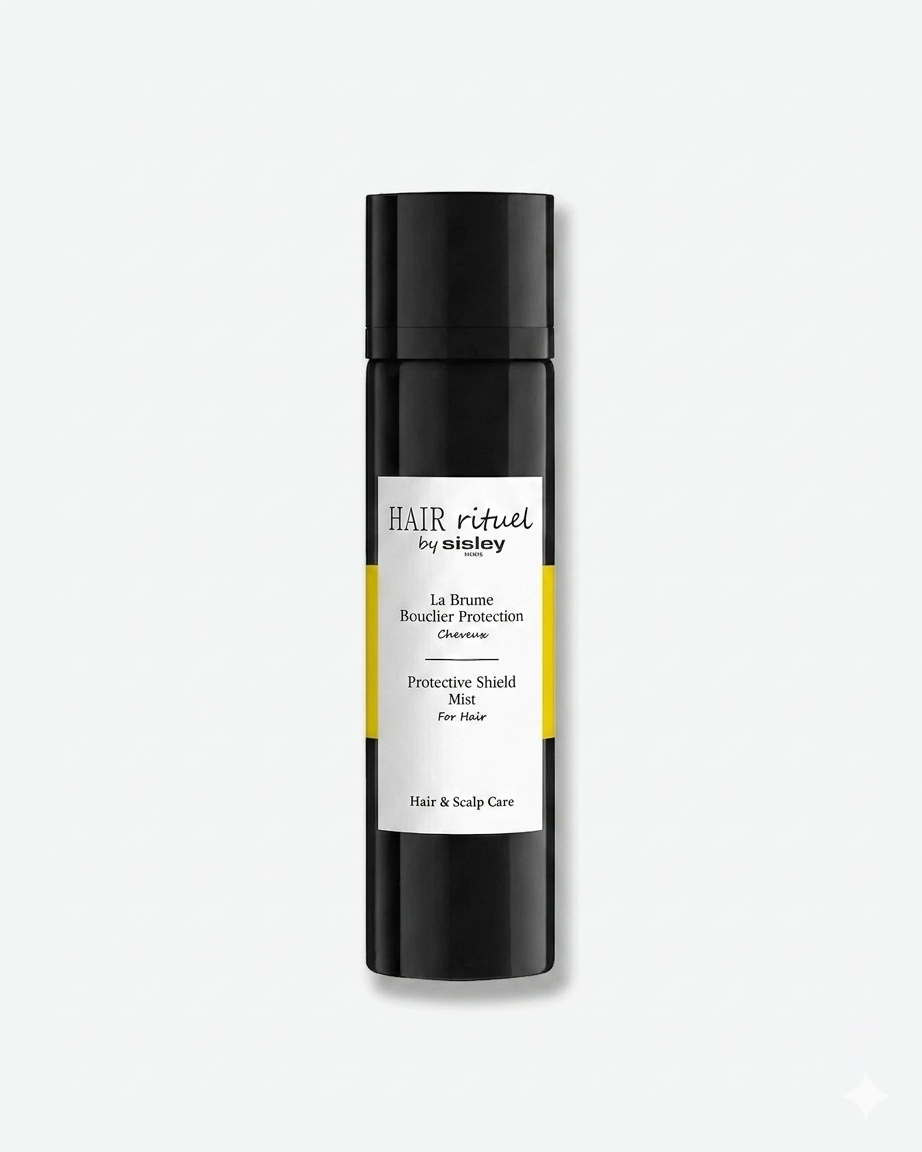 A glossy black spray bottle of Hair Rituel by Sisley Protective Shield Mist for hair, perfectly centered against a light grey background with a subtle right-side drop shadow.