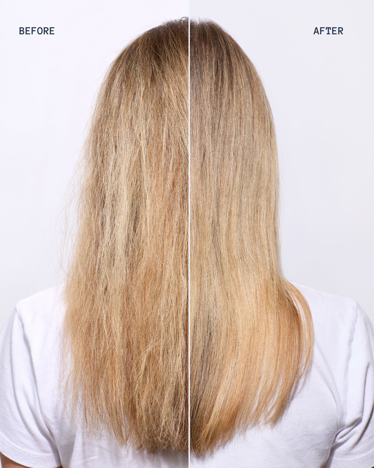 Before-and-after view of blonde hair showing a smoother, sleeker, more polished finish after treatment.