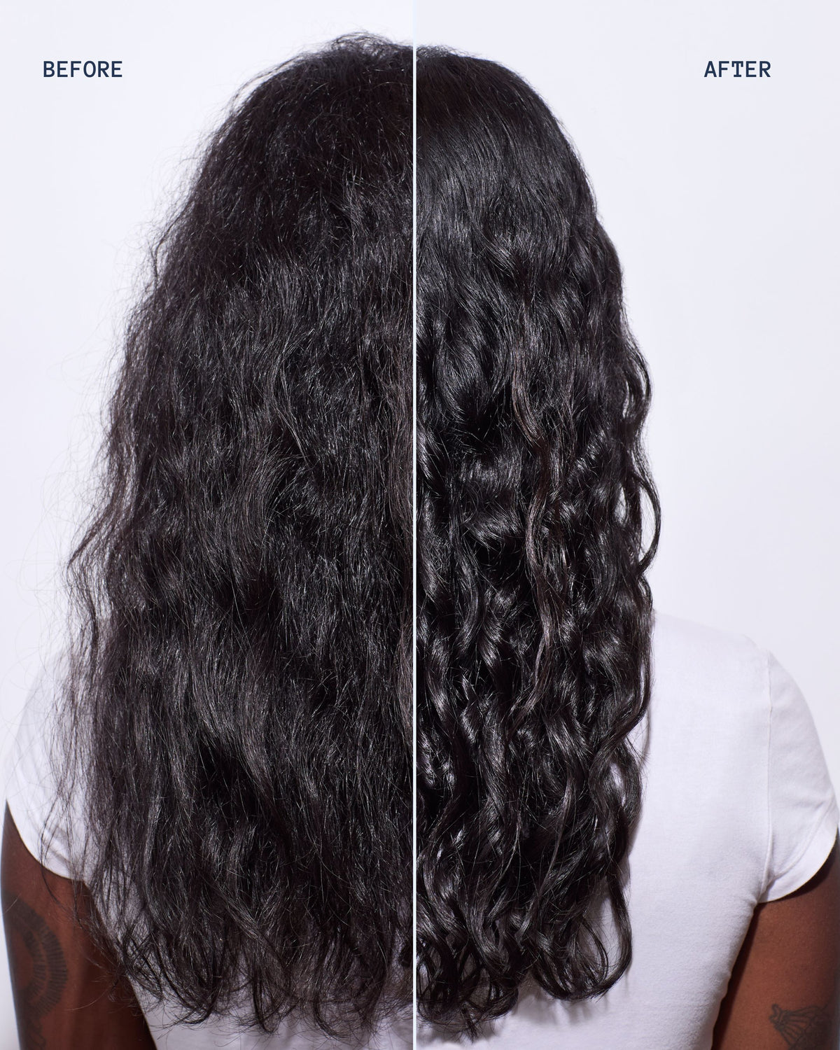 Before-and-after view of dark wavy hair showing a smoother, shinier, more defined finish after treatment.