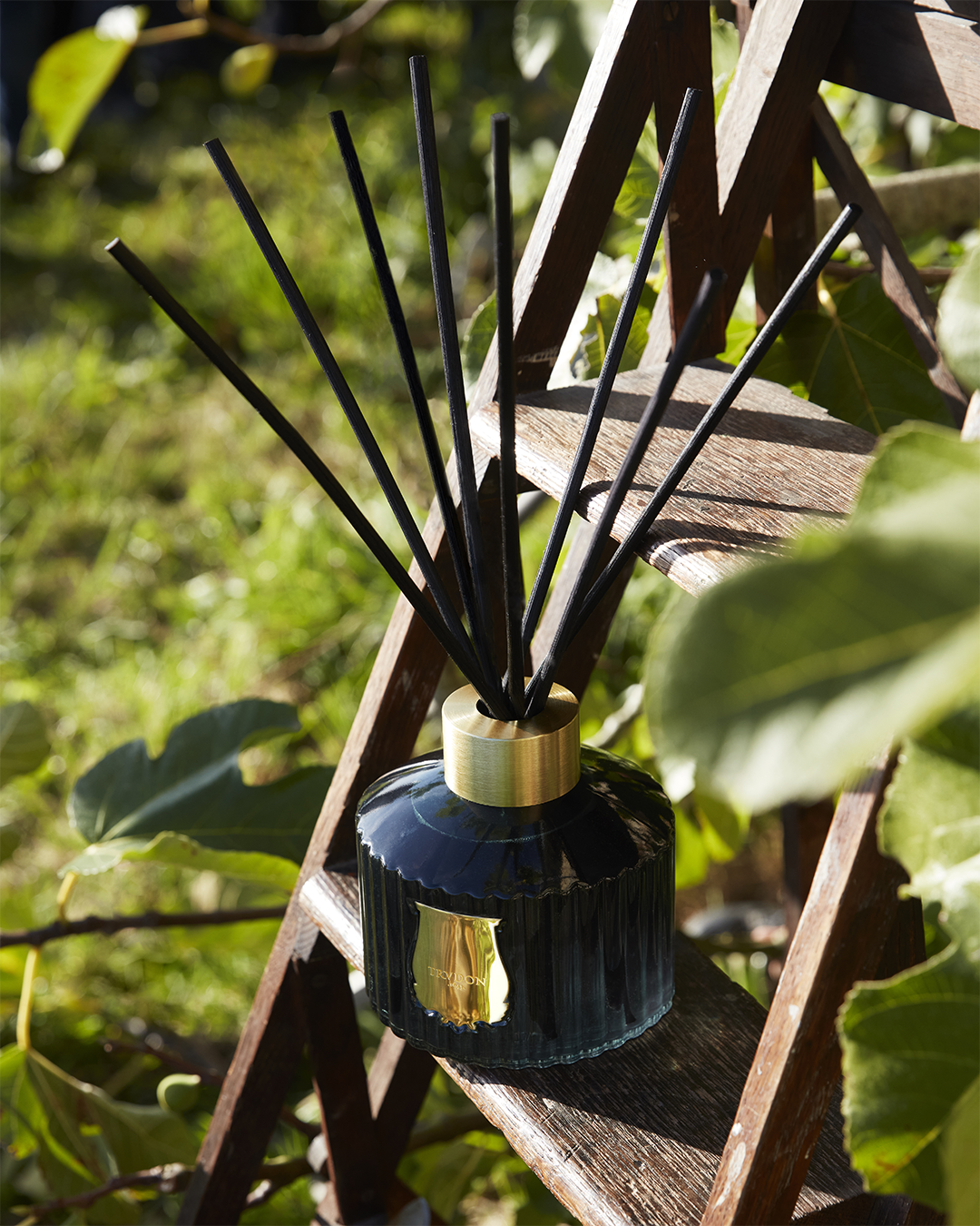 A Trudon reed diffuser with black sticks resting on the steps of a wooden ladder outdoors, surrounded by green foliage.
